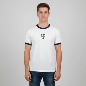 Vintage 80s Tupperware Embroidered White Ringer T-Shirt Large Novelty Logo Tee